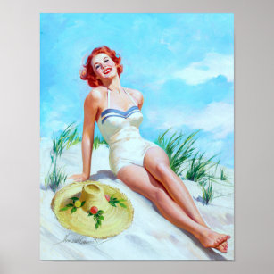 1940s Pin-Up Girl Ukulele on the Beach Picture Poster Print Vintage Art Pin Up