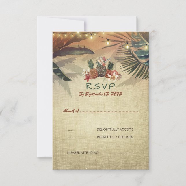 Beach Pinapple Palms Rustic Wedding RSVP Card (Front)