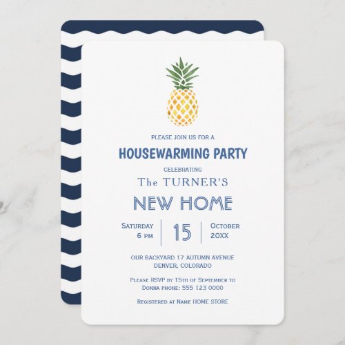 Beach Pineapple Blue Stripes Housewarming Party Invitation