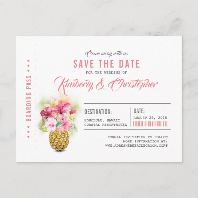 Beach Pineapple Boarding Pass Ticket Save the Date Announcement Postcard (Front)