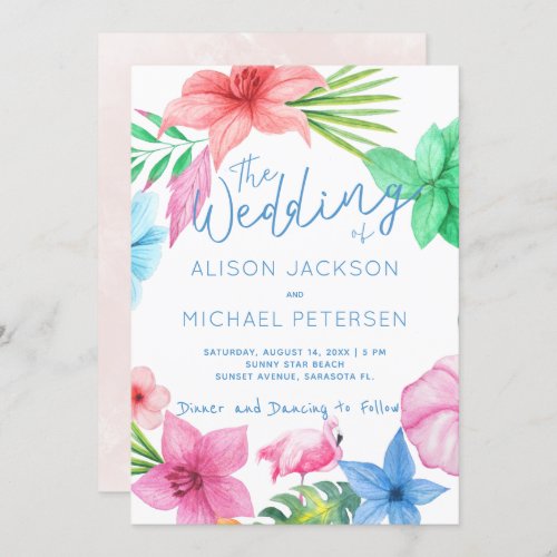 Beach pink blue tropical floral wreath wedding invitation