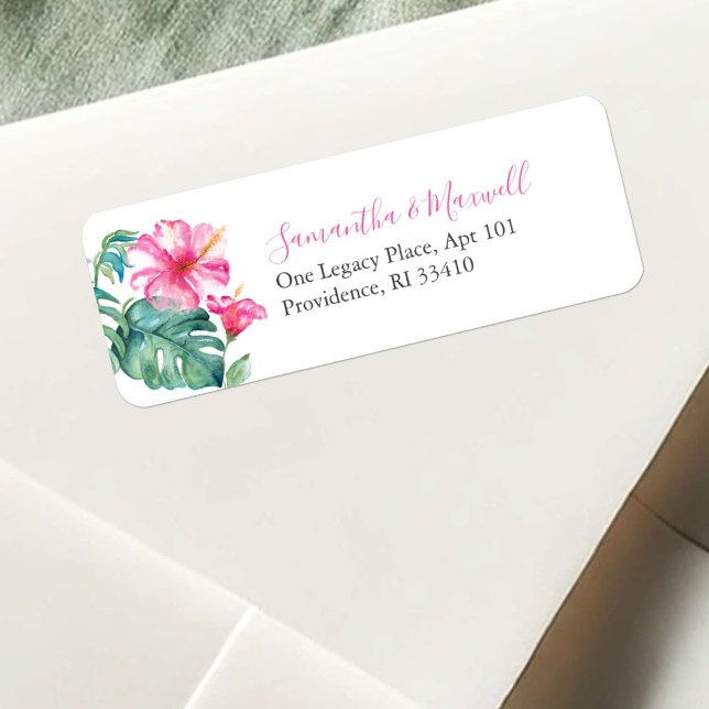 Beach Pink Floral Watercolor Hibiscus Label (return address labels watercolor pink Hibiscus flower art by Victoria Grigaliunas Do Tell A Belle)