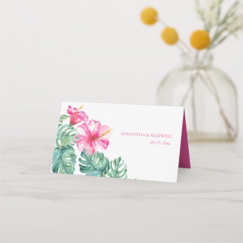 Beach Pink Floral Watercolor Hibiscus Wedding Place Card