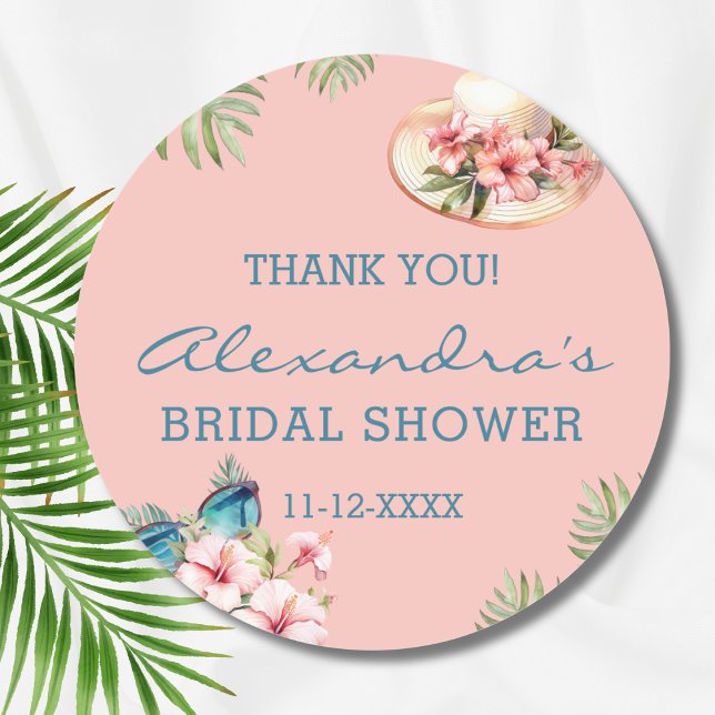 Beach Pink Flower Tropical Bridal Shower Thank You Classic Round Sticker (Creator Uploaded)
