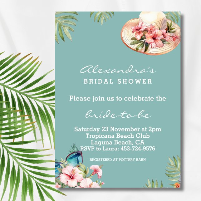 Beach Pink Flowers Blue Tropical Bridal Shower Invitation (Creator Uploaded)