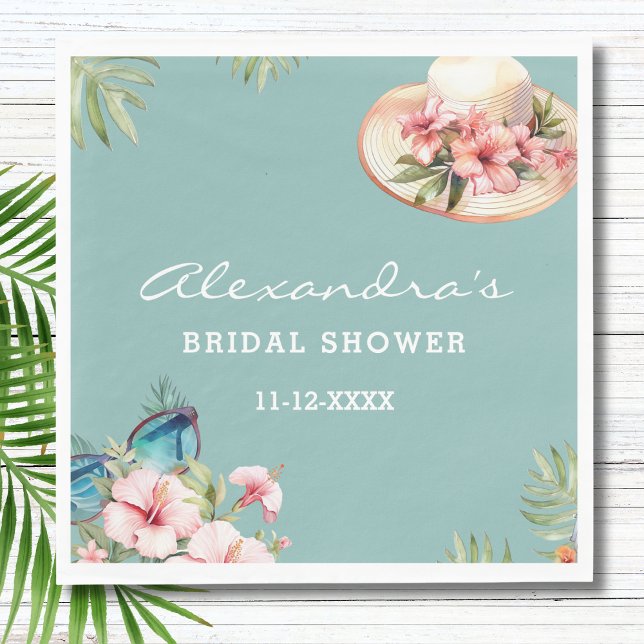Beach Pink Flowers Blue Tropical Bridal Shower Napkins (Creator Uploaded)