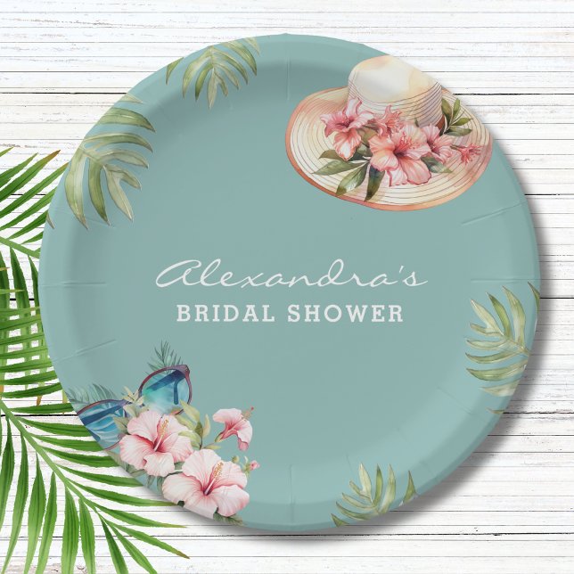 Beach Pink Flowers Blue Tropical Bridal Shower Paper Plates (Creator Uploaded)