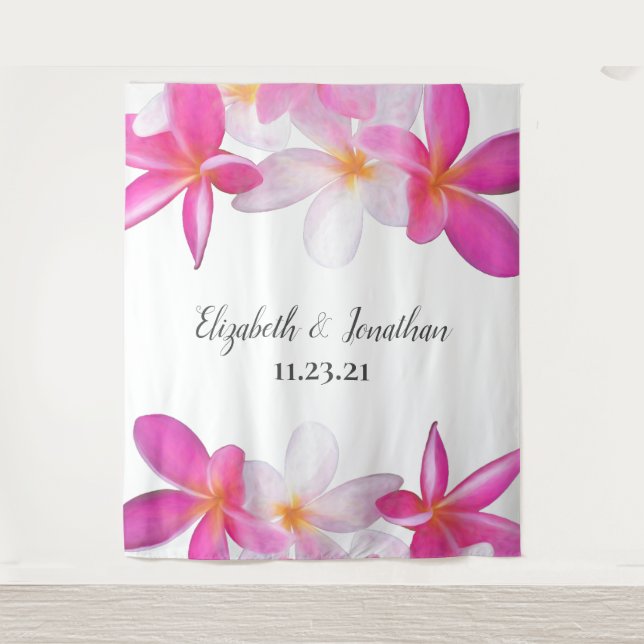 Beach Pink Plumeria Floral Hawaii Wedding Backdrop (Front)