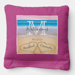 Beach Pink Purple Wedding Hearts in Sand Mr Mrs Cornhole Bags