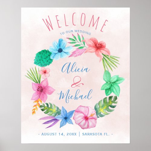 Beach pink tropical wreath wedding welcome sign