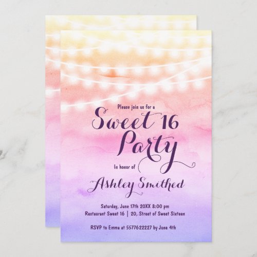 Beach pink watercolor string lights Sweet 16 Invitation