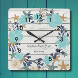 Beach Planks and Starfish Square Wall Clock<br><div class="desc">Personalize your coastal decor house or vacation cottage with this rustic beach themed wall clock. Your choice of round or square. Printed with a rustic wood plank pattern background in turquoise blue and starfish accents. Edit the text if desired. See many other coordinating items in this "Beach Stripes and Starfish"...</div>