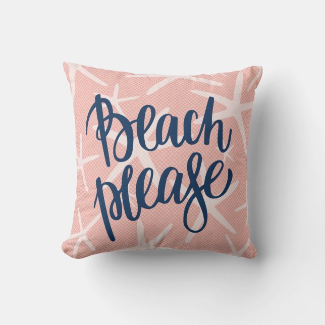 Beach Please Coral Pink and Navy Starfish Throw Pillow (Front)