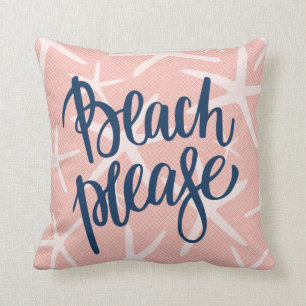 Beach Please Coral Pink and Navy Starfish Throw Pillow
