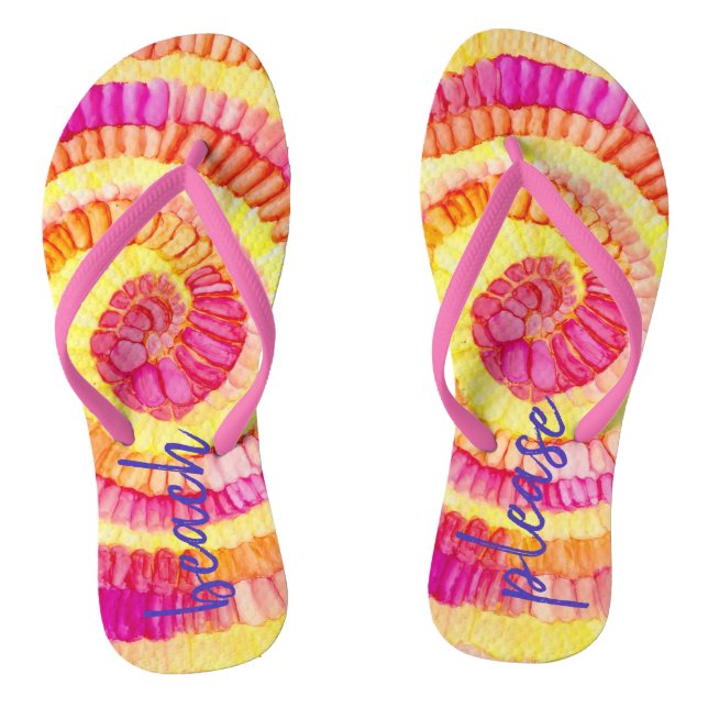 Beach Please Flip-Flops Yellow, Pink, Orange Flip Flops (Footbed)