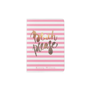 BEACH PLEASE   Fun Typography & Pink Stripes Passport Holder