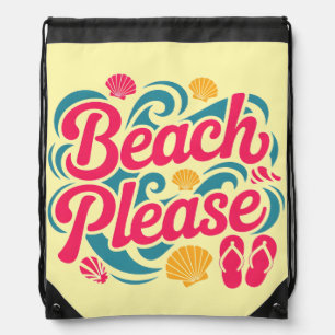 Beach Please Retro Graphic: Pink Typography Drawstring Bag