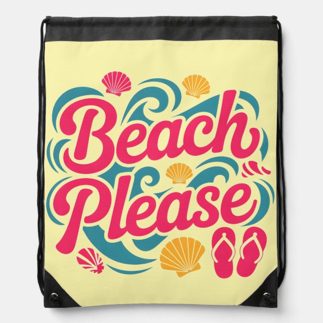 Beach Please Retro Graphic: Pink Typography Drawstring Bag (Front)