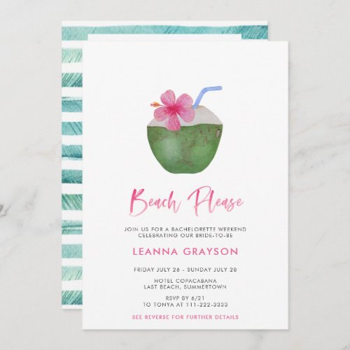 Beach Please Tropical Coconut Bachelorette Weekend Invitation