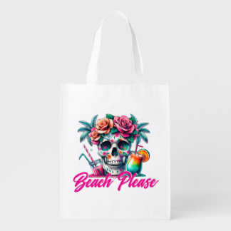 Beach Please Tropical Skull Grocery Bag