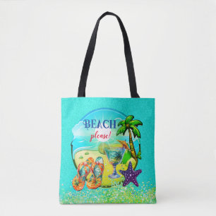 Beach please turquoise personalized tote bag
