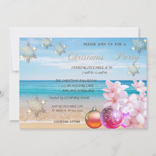 Beach,Plumeria,Christmas Balls Corporate Party Invitation (Front)