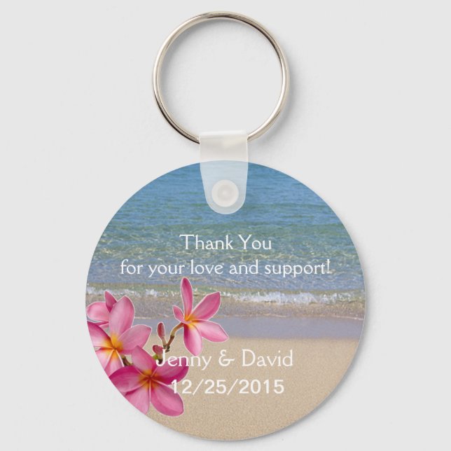 Beach Plumeria Personalized Key Ring Wedding Favor (Front)