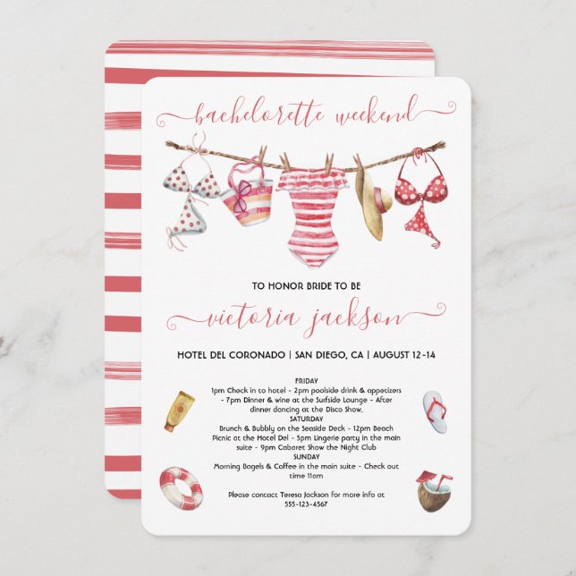Beach Pool Bachelorette Weekend Clothesline Invitation (Front/Back)