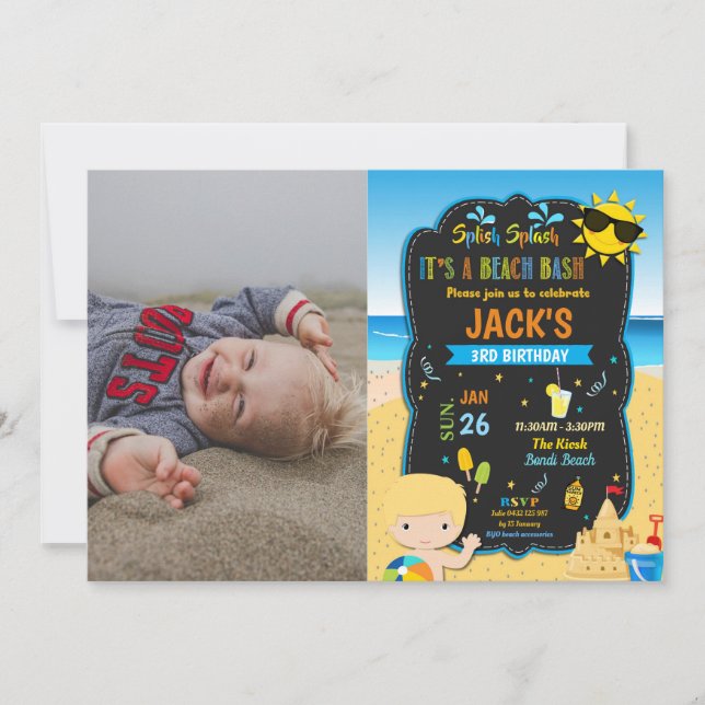 Beach Pool Birthday Party Blond Boy Summer Photo Invitation (Front)