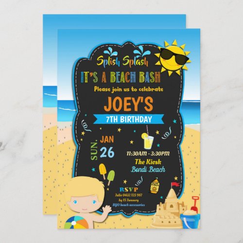 Beach Pool Birthday Party Boys Blond Blue Eyes Invitation