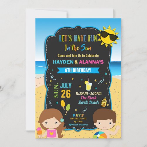 Beach Pool Birthday Party Twins Siblings Boy Girl Invitation