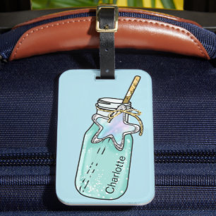 Beach pool drink blue green jar bottle name fun luggage tag