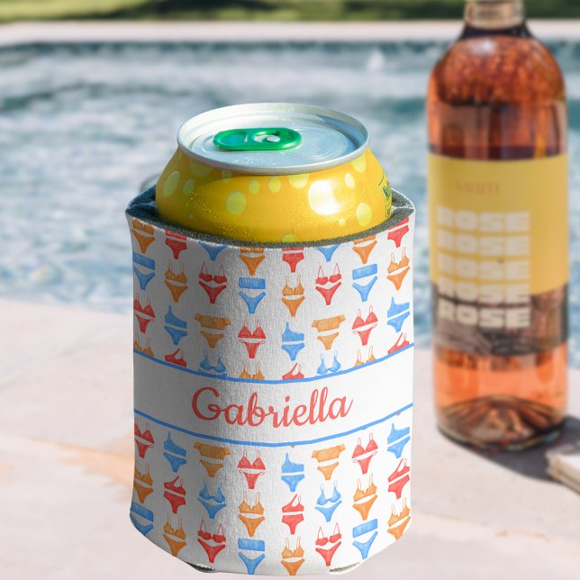 Beach Pool Party Personalized Name Bachelorette Can Cooler (Custom Bachelorette Can Cooler - Personalized Beach Party Favor with Colorful Bikini Pattern!)