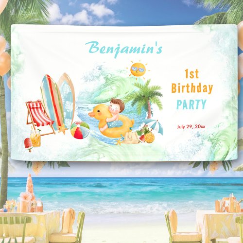 Beach Pool Party Summer 1st Birthday Boy Banner