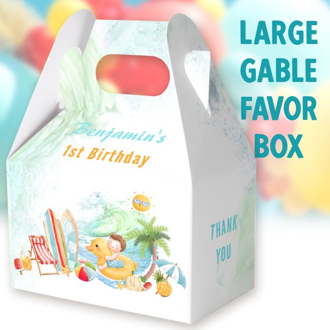 Beach Pool Party Summer 1st Birthday Boy Large Favor Boxes (Beach boy Large Gable Favor Boxes - You can choose from 3 sizes of these gable favor boxes)