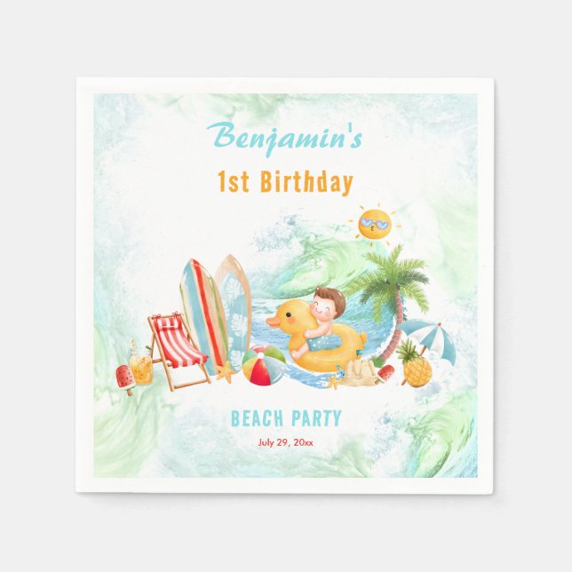 Beach Pool Party Summer 1st Birthday Boy  Napkins (Front)