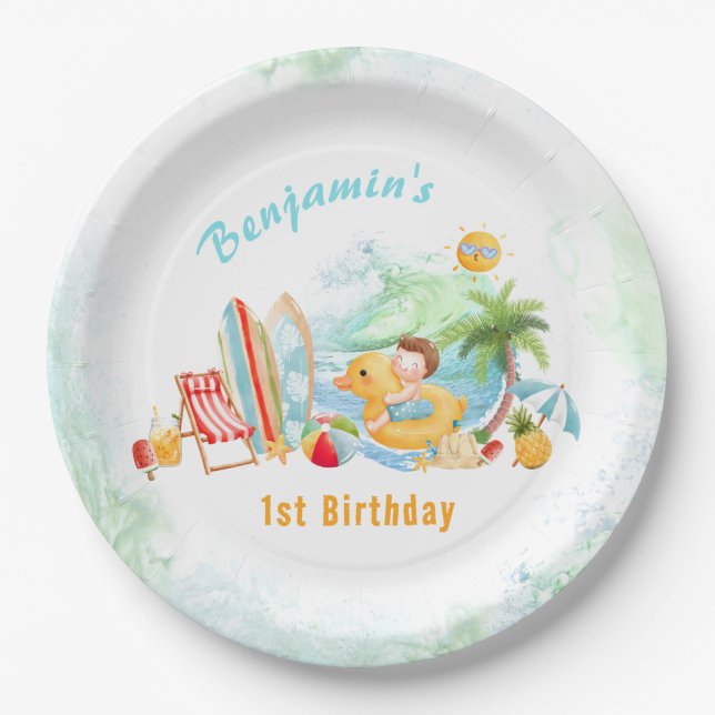 Beach Pool Party Summer 1st Birthday Boy  Paper Plates (Front)