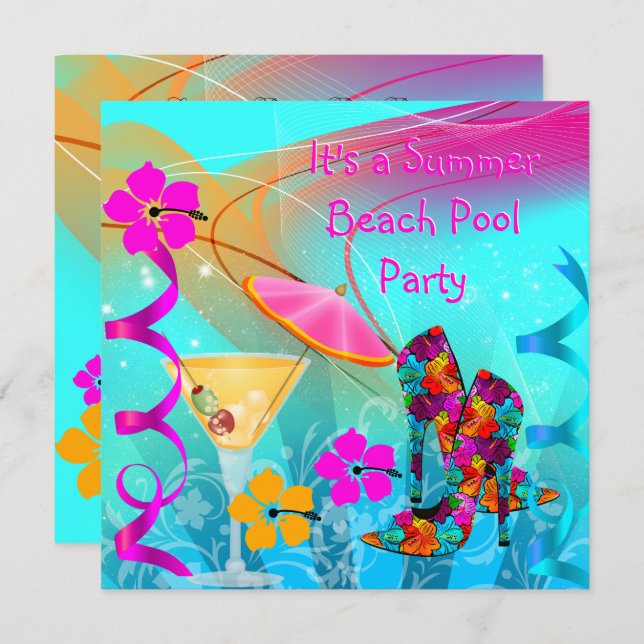 Beach Pool Party Summer Hot Pink Teal Invitation (Front/Back)