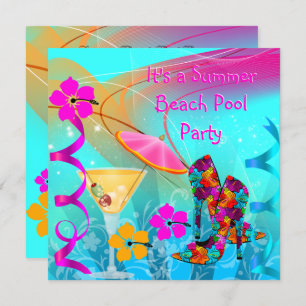 Beach Pool Party Summer Hot Pink Teal Invitation