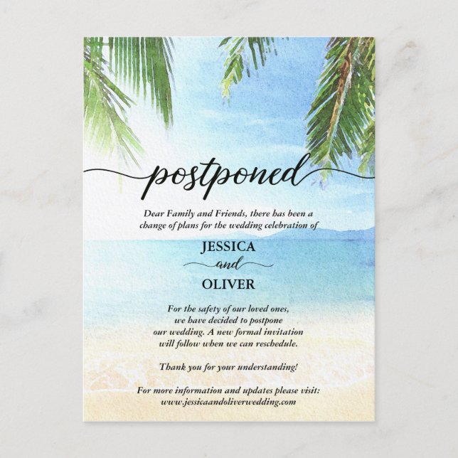 Beach Postponed Wedding Announcement Postcards (Front)