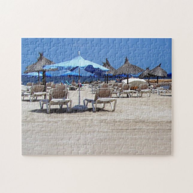 Beach Print with Lounge Chairs, Bamboo Umbrellas Jigsaw Puzzle (Horizontal)