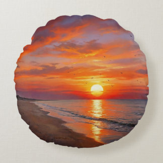 Beach Purple Orange Sunset Round Throw Pillow
