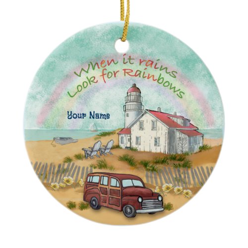 Beach Rainbow Lighthouse Ceramic Ornament
