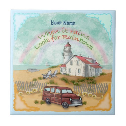 Beach Rainbow Lighthouse custom name Ceramic Tile