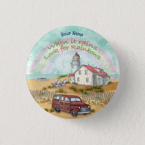 Beach Rainbow Lighthouse custom name round button