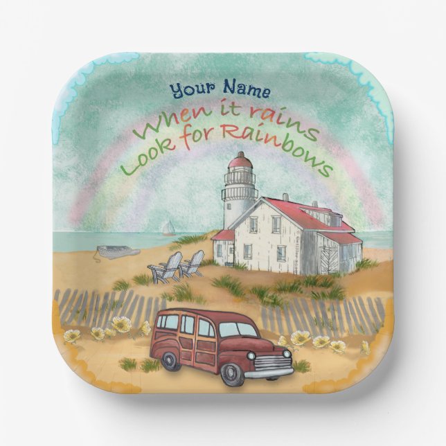 Beach Rainbow Lighthouse  Paper Plates (Front)