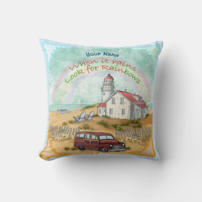 Beach Rainbow Lighthouse  Throw Pillow (Front)