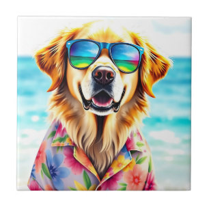 Beach Ready Golden Retriever in Watercolor Summer Ceramic Tile