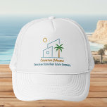 Beach Real Estate Company Custom Coastal Realtor Trucker Hat<br><div class="desc">This cute tropical real estate company hat features a modern blue beach house with a cool coastal palm tree and island sun. Customize this marketing item with your agent and realty business name for a realtor who works along the coast.</div>