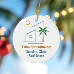 Beach Real Estate Company Cute Custom Christmas Ceramic Ornament<br><div class="desc">This cute tropical real estate company Christmas ornament features a modern blue beach house with a cool coastal palm tree and island sun. Customize this marketing gift with your agent and realty business name for a realtor along the coast.</div>